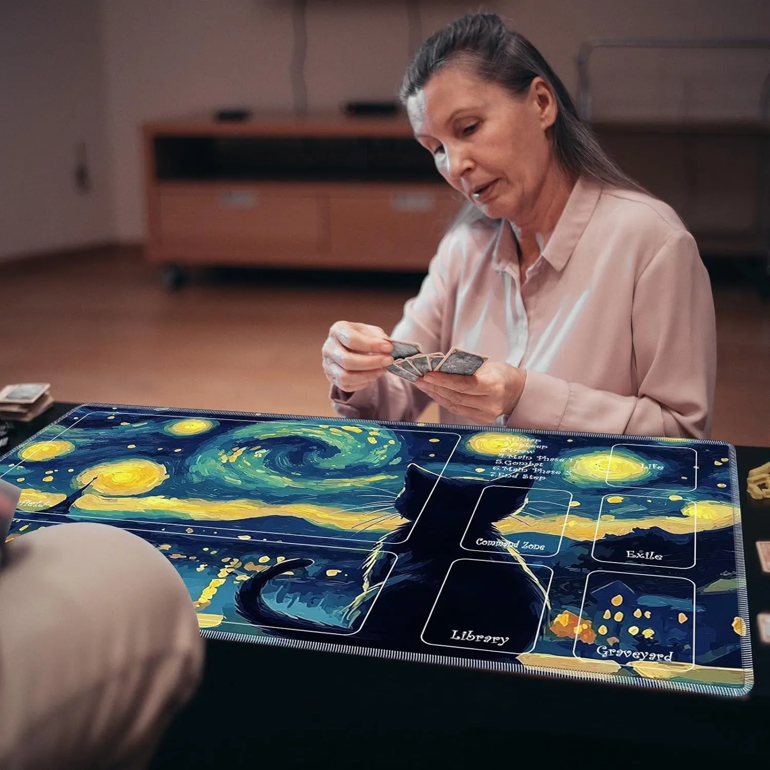 Playmat for MTG, Game Play Mat for MTG TCG 24 x 14 inches Trading Card Game Playmats with Zones Non-Slip Rubber Base and Stitched Mousepad Desk Mats, Starry Night Black Cat