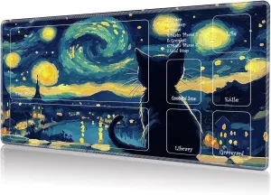 Playmat for MTG, Game Play Mat for MTG TCG 24 x 14 inches Trading Card Game Playmats with Zones Non-Slip Rubber Base and Stitched Mousepad Desk Mats, Starry Night Black Cat