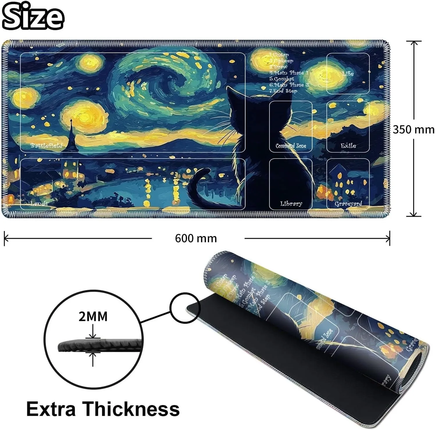 Playmat for MTG, Game Play Mat for MTG TCG 24 x 14 inches Trading Card Game Playmats with Zones Non-Slip Rubber Base and Stitched Mousepad Desk Mats, Starry Night Black Cat