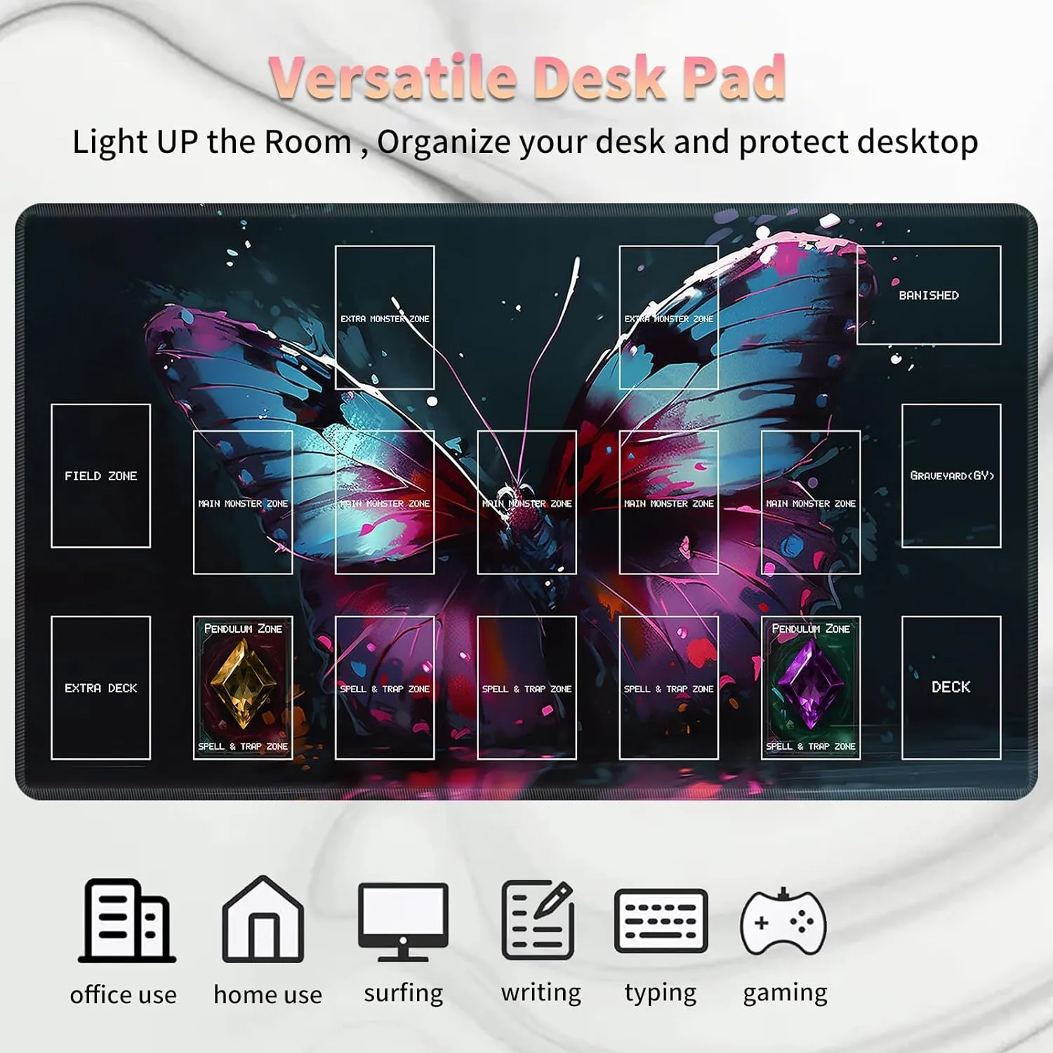 Playmat for OCG, Card Game Mat Non-Slip Rubber Base and Stitched, 24 x 14 in TCG Play Mat with Zones for CCG and Other Card Games, Colorful Butterfly