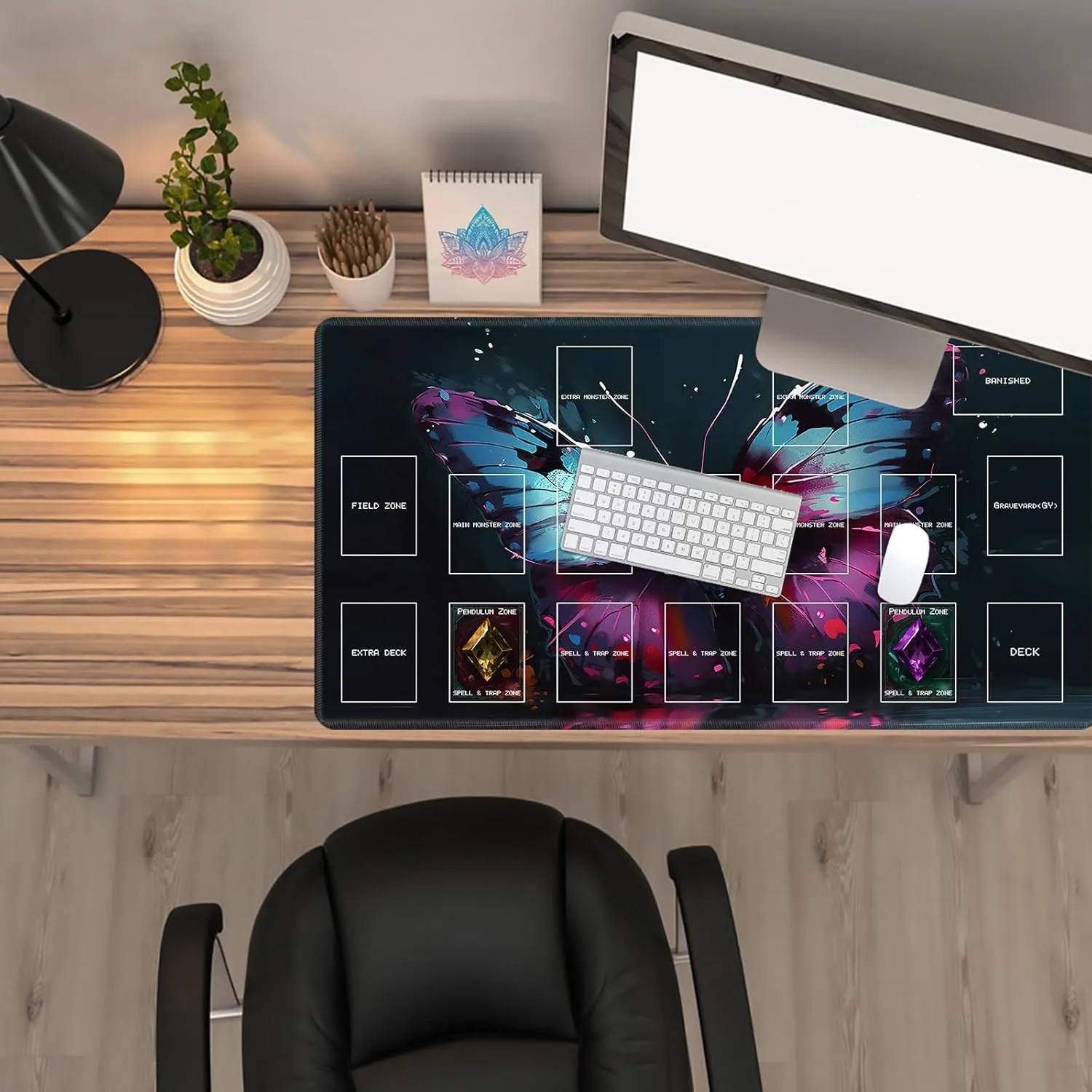 Playmat for OCG, Card Game Mat Non-Slip Rubber Base and Stitched, 24 x 14 in TCG Play Mat with Zones for CCG and Other Card Games, Colorful Butterfly