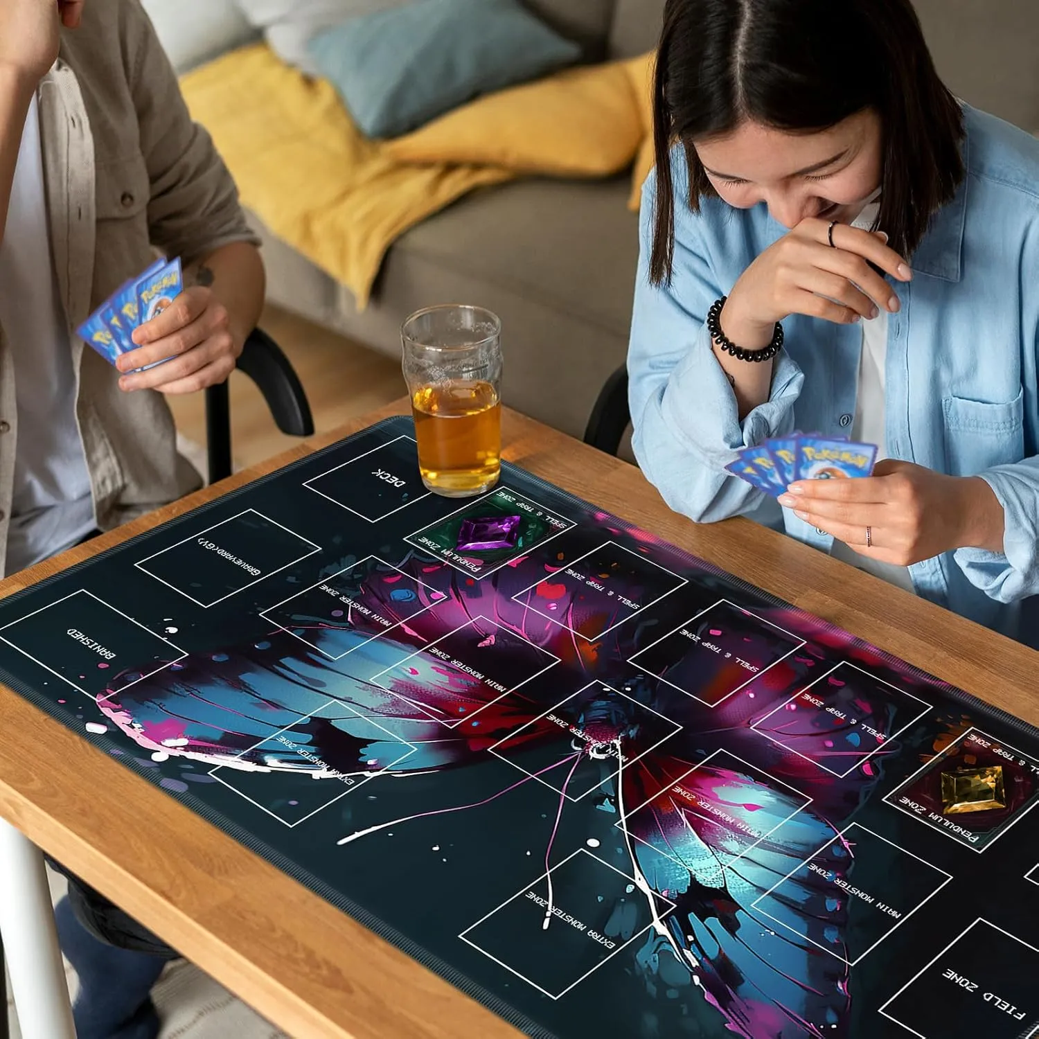 Playmat for OCG, Card Game Mat Non-Slip Rubber Base and Stitched, 24 x 14 in TCG Play Mat with Zones for CCG and Other Card Games, Colorful Butterfly