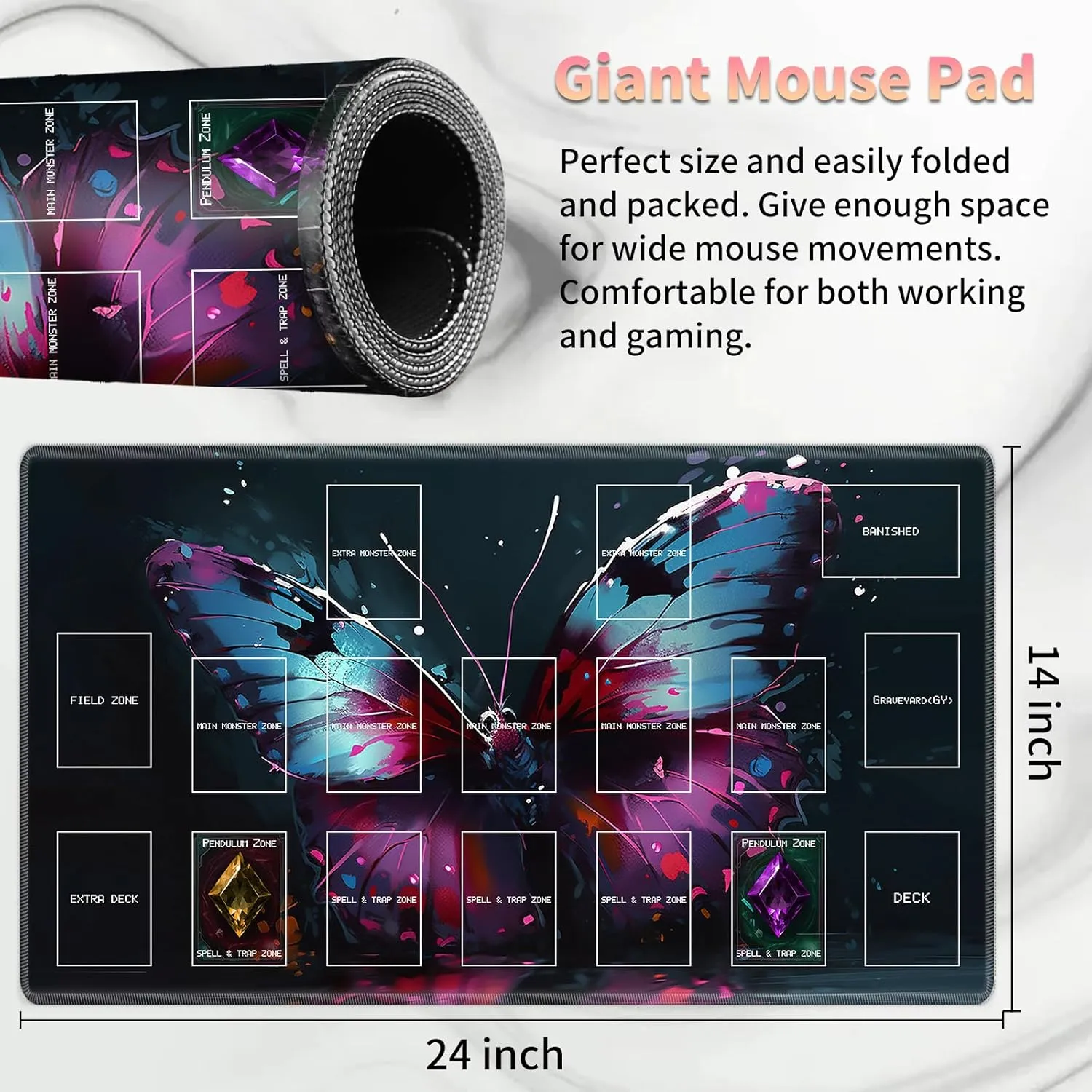 Playmat for OCG, Card Game Mat Non-Slip Rubber Base and Stitched, 24 x 14 in TCG Play Mat with Zones for CCG and Other Card Games, Colorful Butterfly