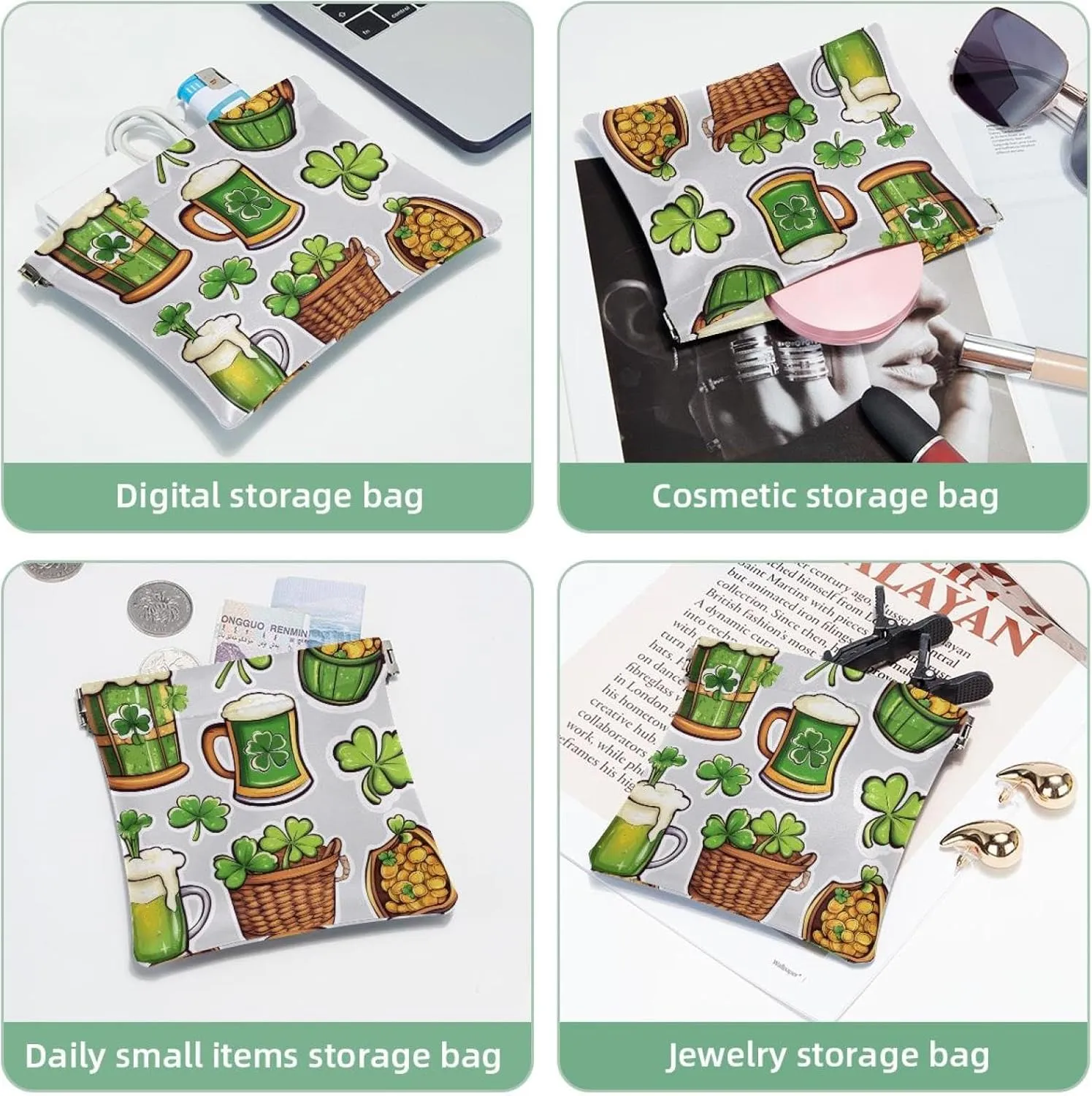 Pocket Cosmetic Bag Squeeze Top, St. Patrick's Day Luck Symbols Green Beer Three and Four-Leaf Clover Waterproof Travel Makeup Bag for Purse, Portable Mini Makeup Pouch No Zipper for Women