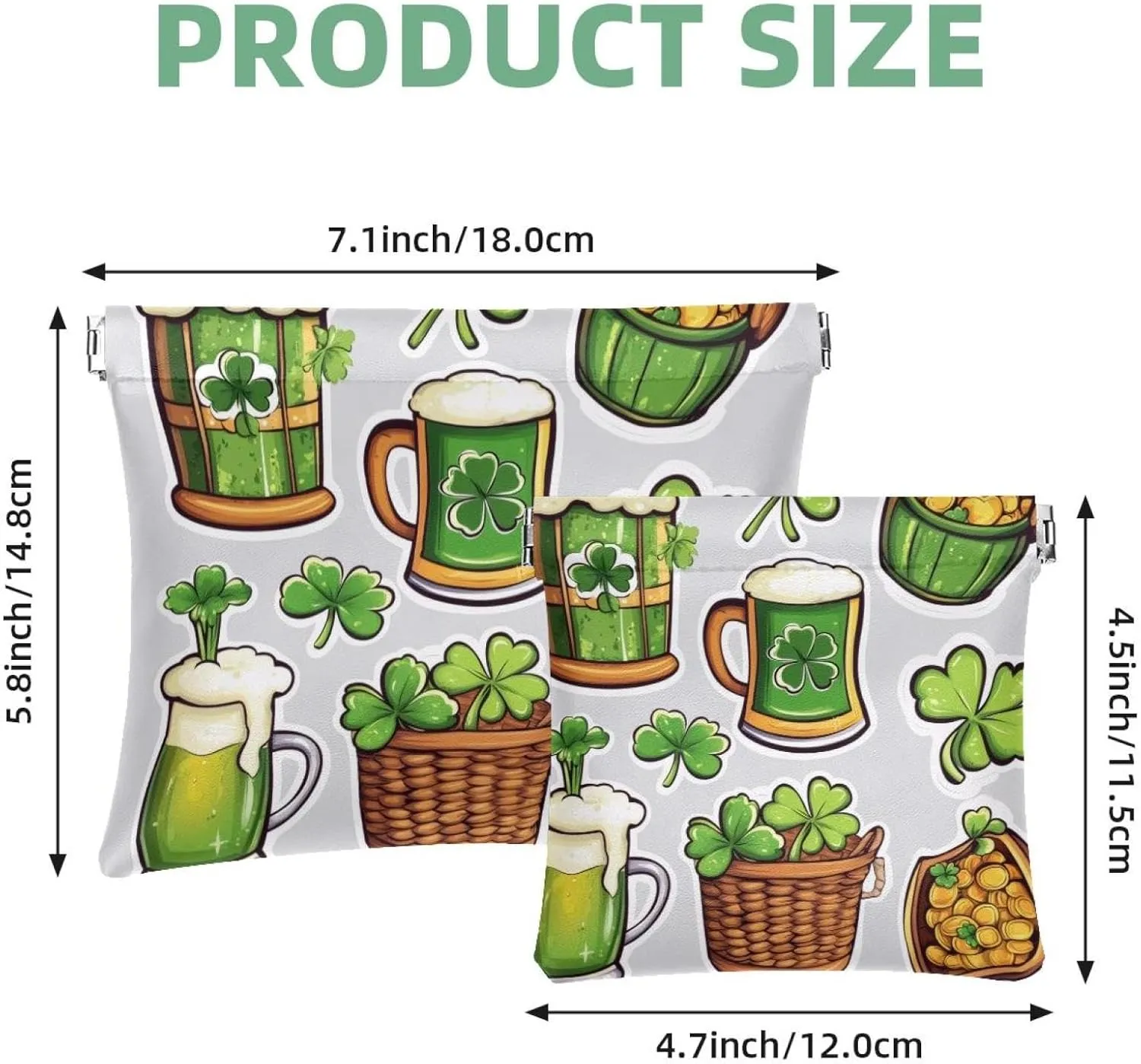 Pocket Cosmetic Bag Squeeze Top, St. Patrick's Day Luck Symbols Green Beer Three and Four-Leaf Clover Waterproof Travel Makeup Bag for Purse, Portable Mini Makeup Pouch No Zipper for Women