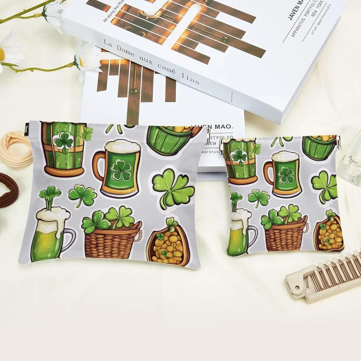Pocket Cosmetic Bag Squeeze Top, St. Patrick's Day Luck Symbols Green Beer Three and Four-Leaf Clover Waterproof Travel Makeup Bag for Purse, Portable Mini Makeup Pouch No Zipper for Women