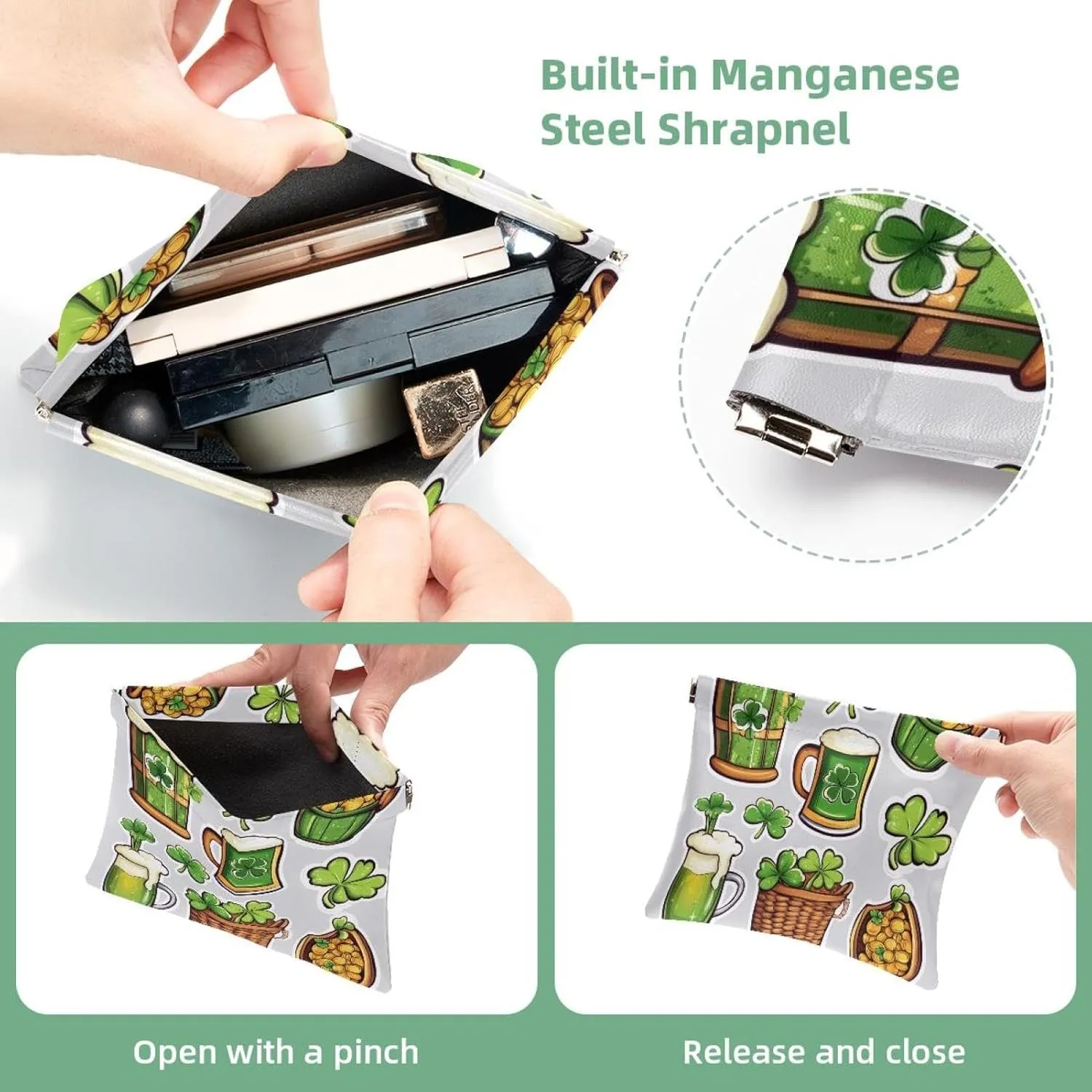 Pocket Cosmetic Bag Squeeze Top, St. Patrick's Day Luck Symbols Green Beer Three and Four-Leaf Clover Waterproof Travel Makeup Bag for Purse, Portable Mini Makeup Pouch No Zipper for Women
