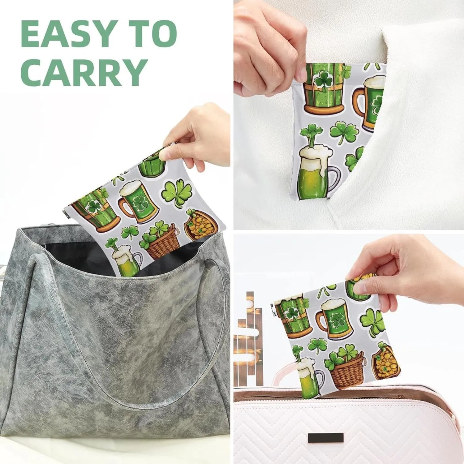 Pocket Cosmetic Bag Squeeze Top, St. Patrick's Day Luck Symbols Green Beer Three and Four-Leaf Clover Waterproof Travel Makeup Bag for Purse, Portable Mini Makeup Pouch No Zipper for Women