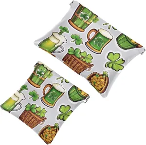 Pocket Cosmetic Bag Squeeze Top, St. Patrick's Day Luck Symbols Green Beer Three and Four-Leaf Clover Waterproof Travel Makeup Bag for Purse, Portable Mini Makeup Pouch No Zipper for Women