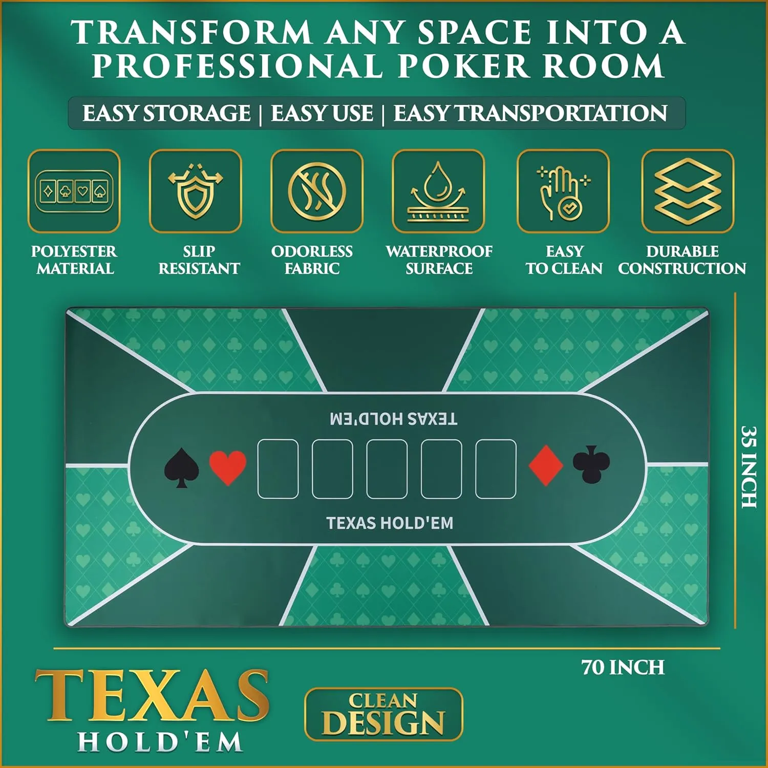 Poker Table Top - Foldable 70" x 35" Texas Hold'em Poker Mat with Non-Slip Backing and Zipper Carrying Bag - Waterproof and Portable Casino Table Topper Card Mat for Home Game Nights Up to 10 Players