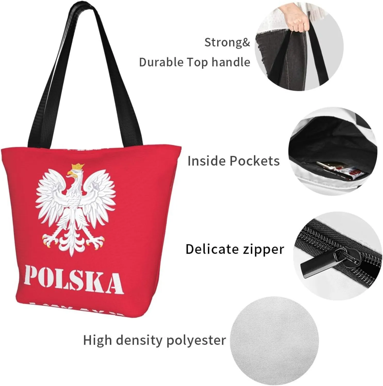 Polish Flag Poland Polska Women's Tote Bag Shoulder Bag Shopping Handbag Large Capacity Handbag With Zipper