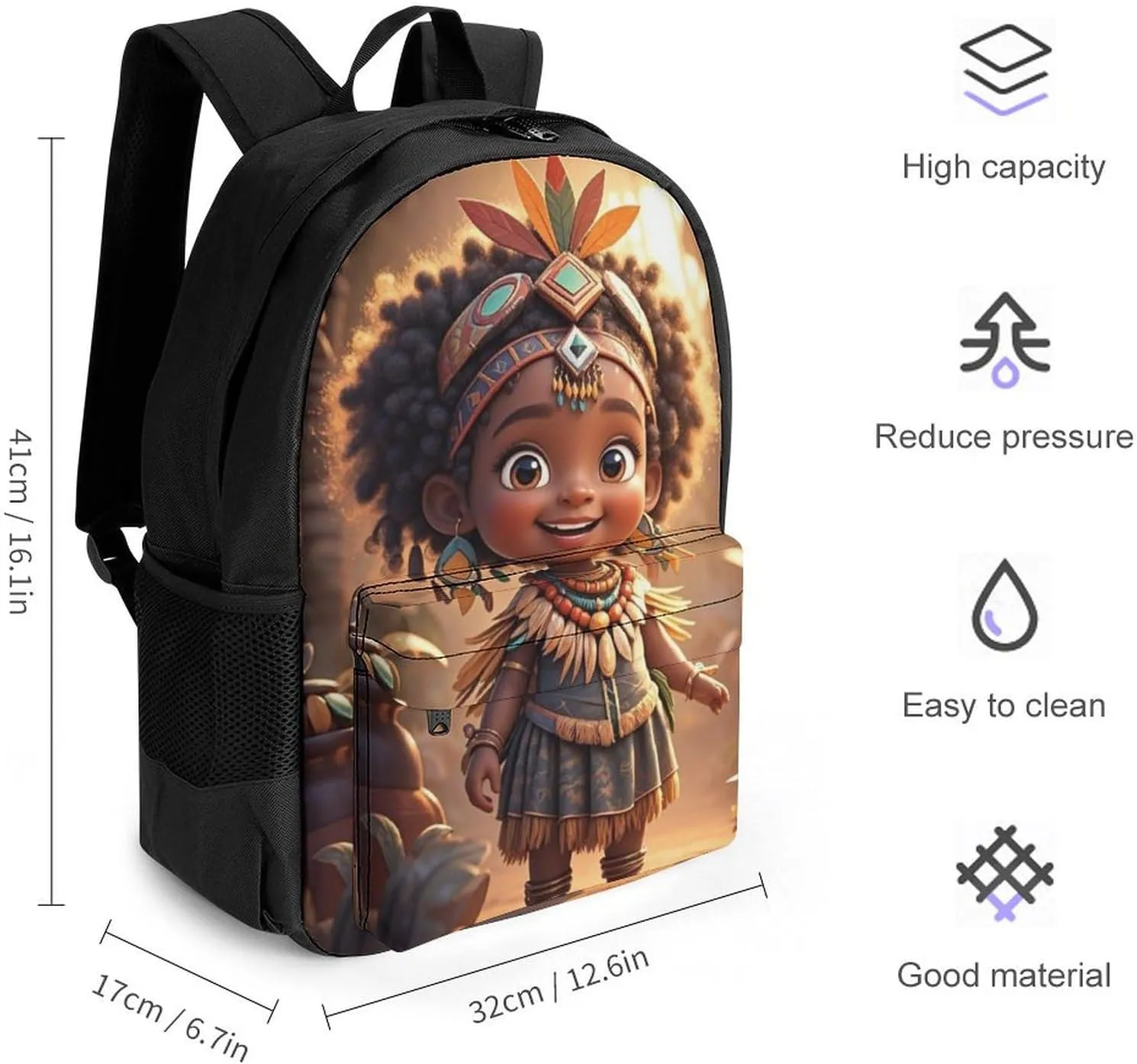 Polyester Daypack Backpack for Trekking Picnic Walking Cycling - Large Capacity Anti-Theft Multipurpose Shoulder Bag, Vintage Afro American Black Woman Tribal Art Casual Daypack