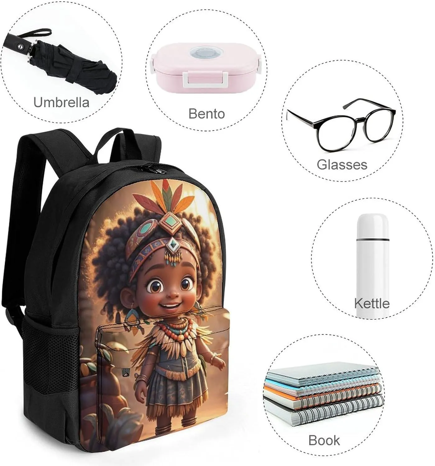 Polyester Daypack Backpack for Trekking Picnic Walking Cycling - Large Capacity Anti-Theft Multipurpose Shoulder Bag, Vintage Afro American Black Woman Tribal Art Casual Daypack