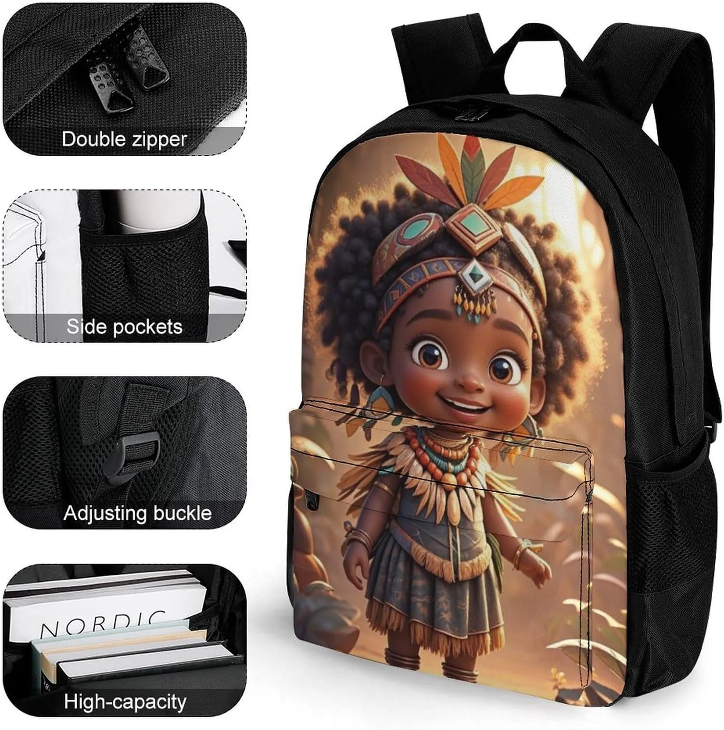 Polyester Daypack Backpack for Trekking Picnic Walking Cycling - Large Capacity Anti-Theft Multipurpose Shoulder Bag, Vintage Afro American Black Woman Tribal Art Casual Daypack