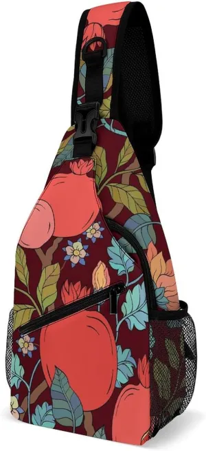Pomegranate Garnet Leaf Sling Bag Crossbody for Women Men Lightweight Adjustable Extender Strap Flowers Pattern Shoulder Backpack with Water Bottle Holder Casual Daypack for Hiking Travel