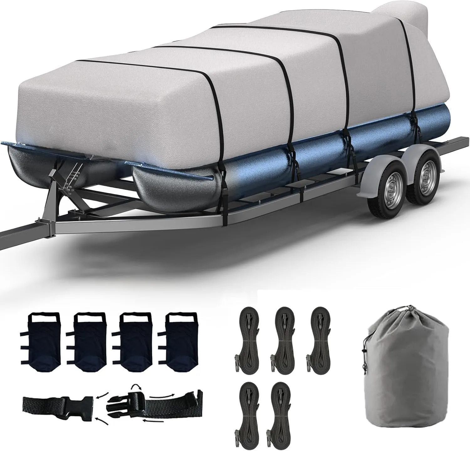 Pontoon Boat Covers 21-24 ft Waterproof PU Coating Marine Grade 420D Polyester UV-Proof with Windproof Buckle Straps Trailerable Boat Cover