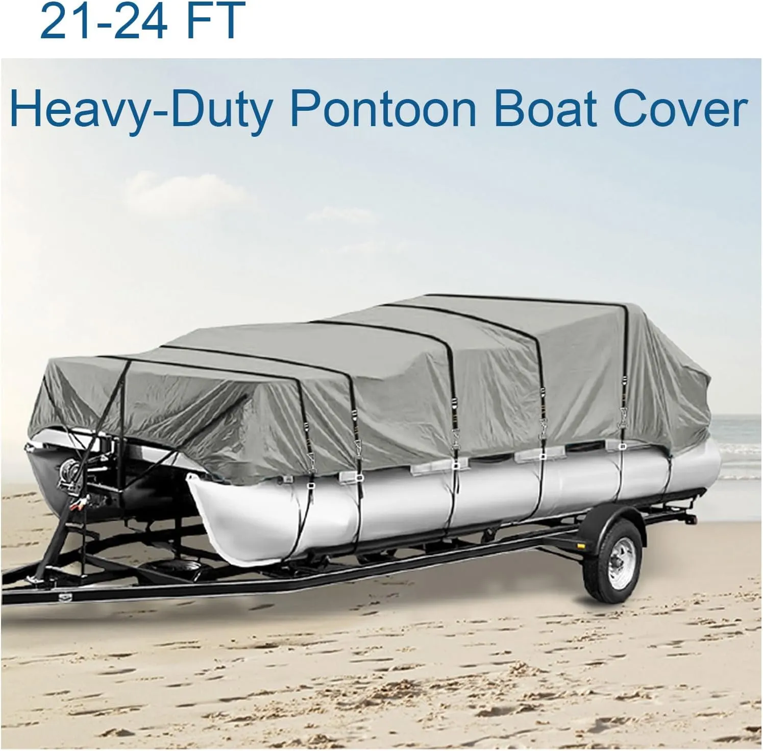 Pontoon Boat Covers 21-24 ft Waterproof PU Coating Marine Grade 420D Polyester UV-Proof with Windproof Buckle Straps Trailerable Boat Cover