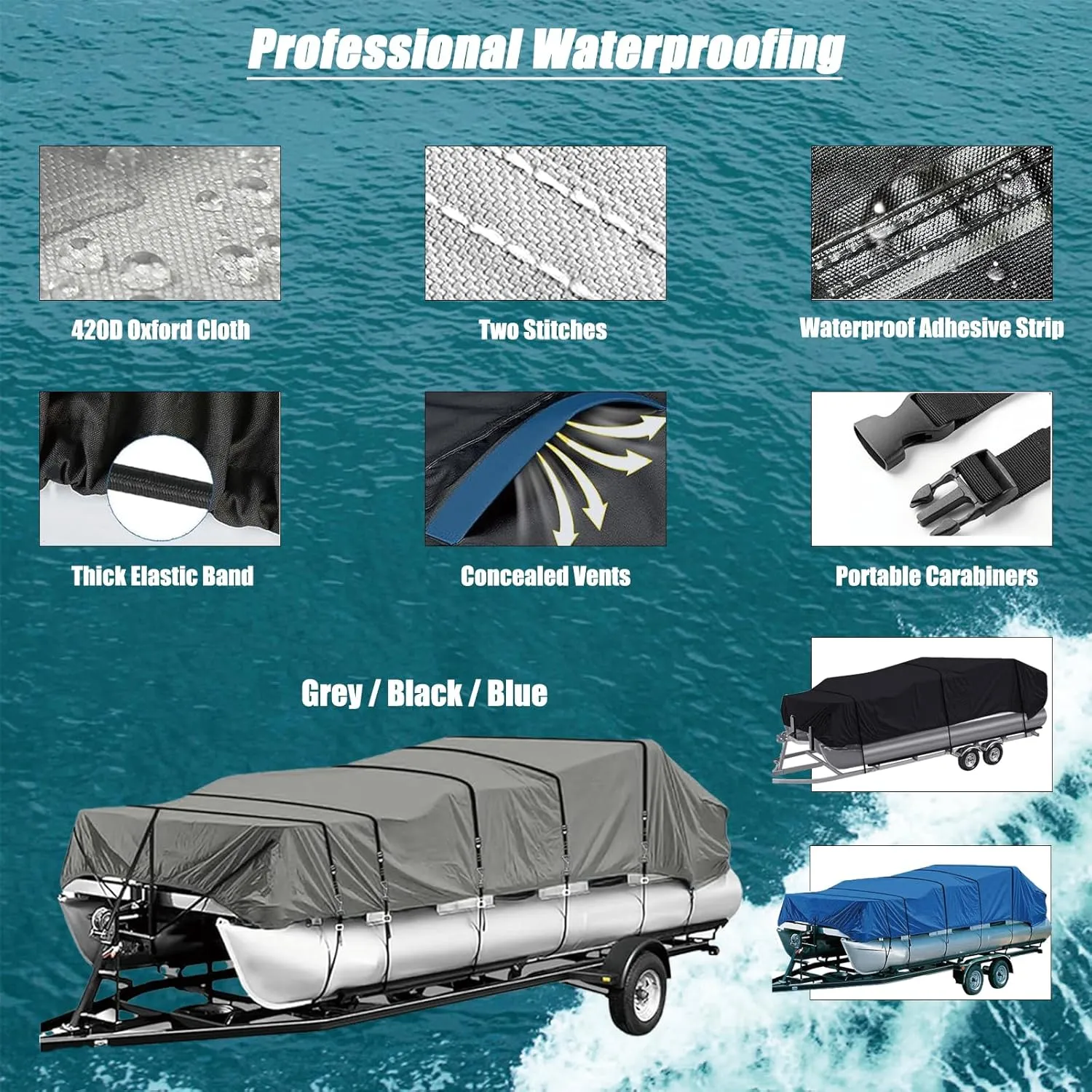 Pontoon Boat Covers 21-24 ft Waterproof PU Coating Marine Grade 420D Polyester UV-Proof with Windproof Buckle Straps Trailerable Boat Cover