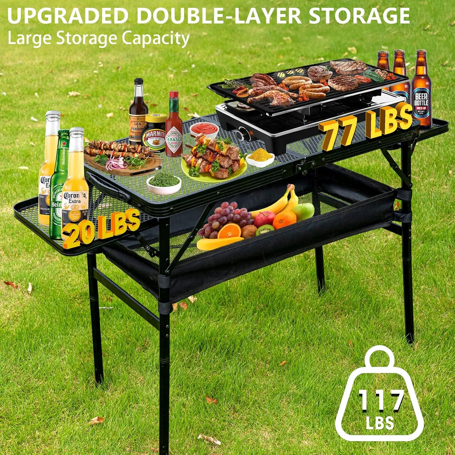 Portable Folding Grill Table, Lightweight Height Adjustable,Camping Picnic Table with Mesh Desktop and Mesh Bag for Outdoor for Picnic,Camping,BBQ,Beach (3.8 * 1.3FT)