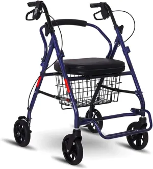 Portable Walker-Folding Shopping Trolley-Rollator Walking Aid-Four Wheeled Cart with Padded Seat and Basket for Elderly