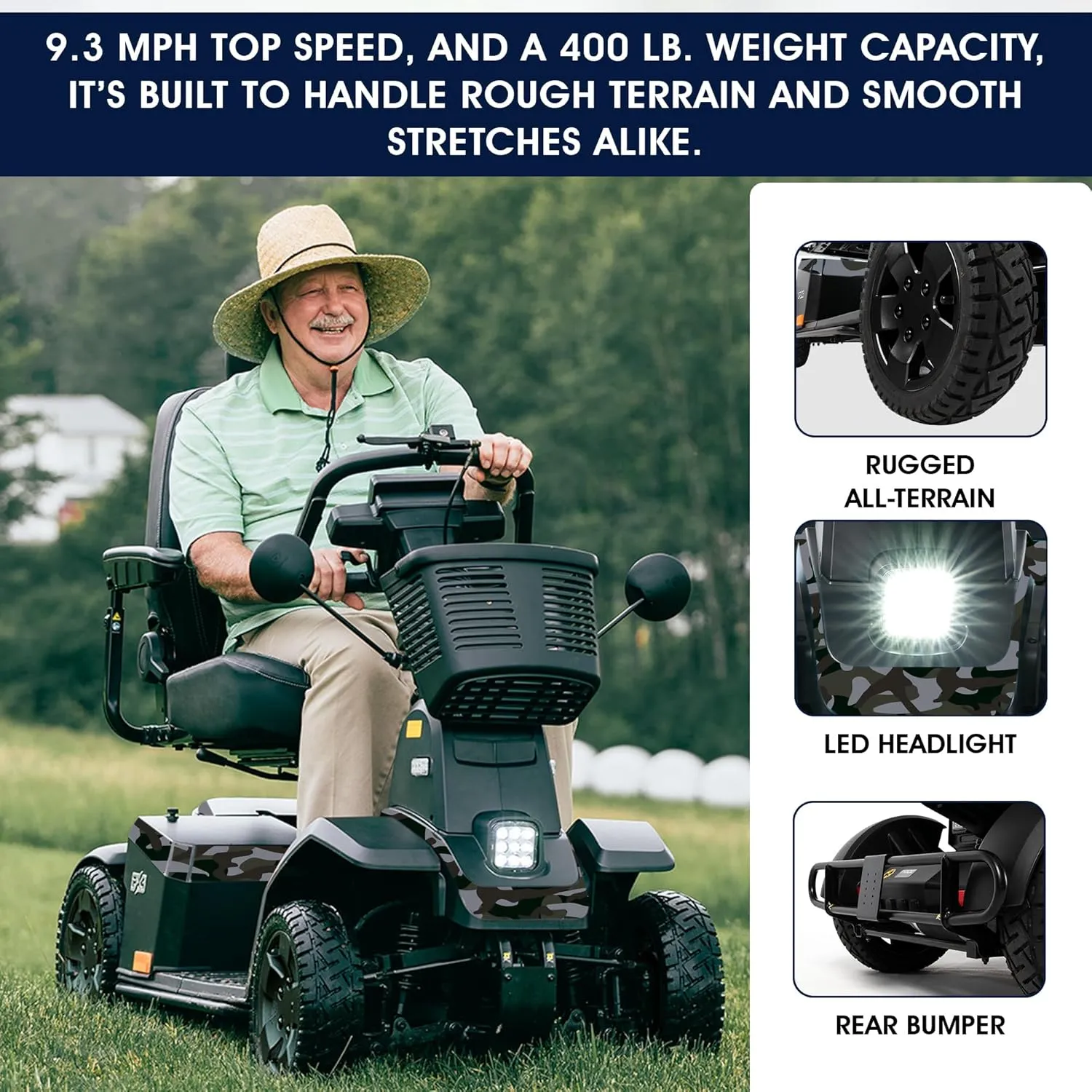 Pride Mobility PX4   Accessories, Heavy Duty Power Mobility Scooter for Adults and Seniors, 500 lb Weight Capacity, 23.4 Mile Range, NFC Ignition, Full Suspension, and LED Lighting (Jungle Camo)