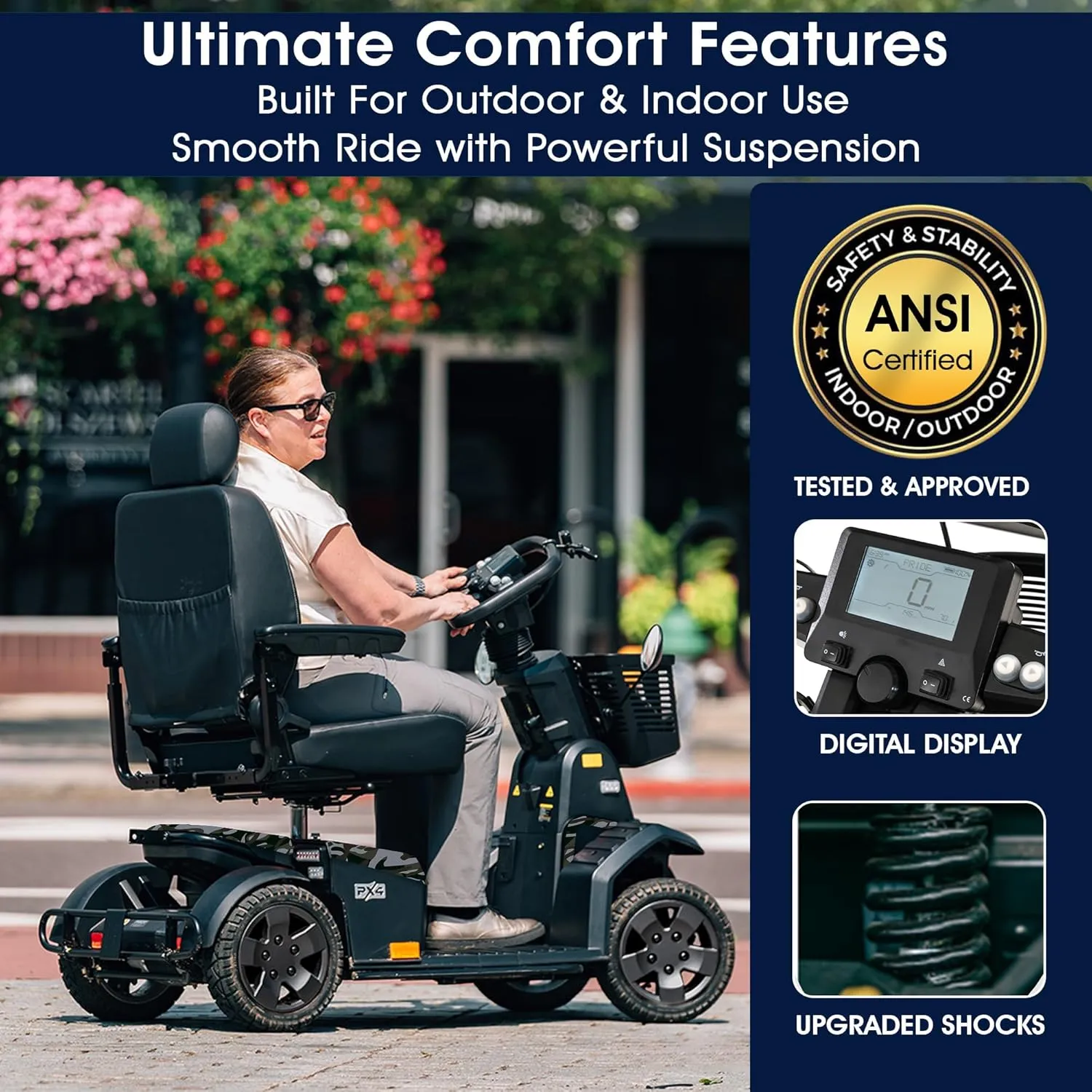 Pride Mobility PX4   Accessories, Heavy Duty Power Mobility Scooter for Adults and Seniors, 500 lb Weight Capacity, 23.4 Mile Range, NFC Ignition, Full Suspension, and LED Lighting (Jungle Camo)