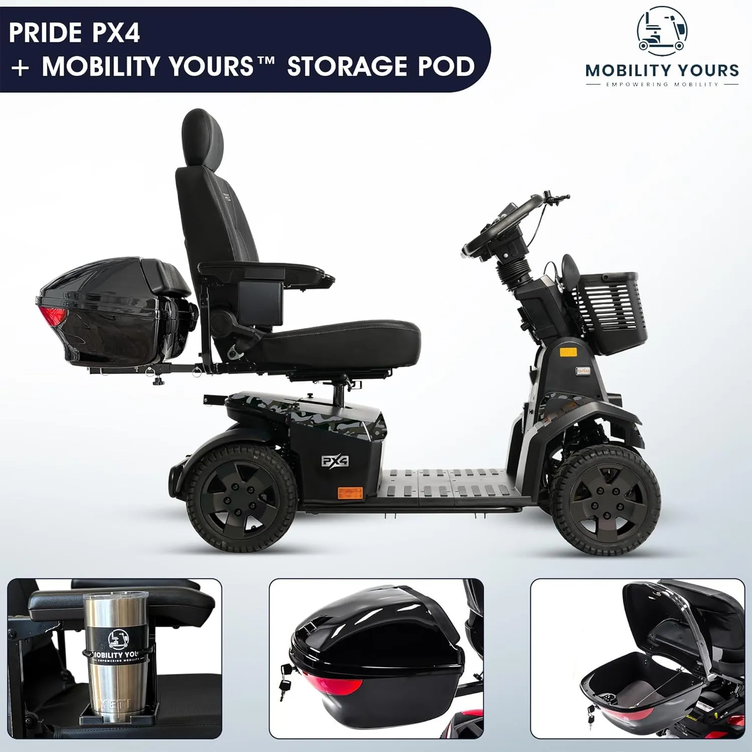 Pride Mobility PX4   Accessories, Heavy Duty Power Mobility Scooter for Adults and Seniors, 500 lb Weight Capacity, 23.4 Mile Range, NFC Ignition, Full Suspension, and LED Lighting (Jungle Camo)