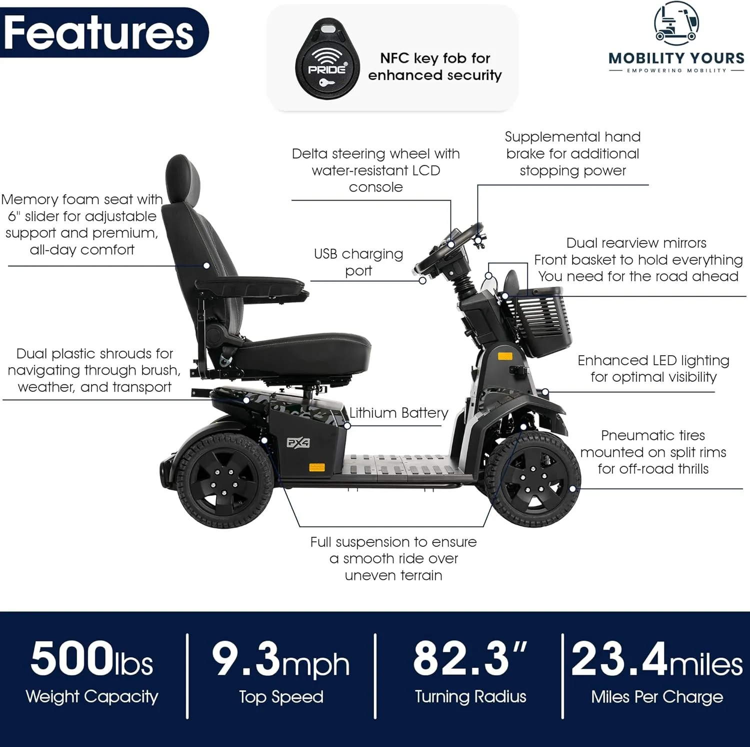Pride Mobility PX4   Accessories, Heavy Duty Power Mobility Scooter for Adults and Seniors, 500 lb Weight Capacity, 23.4 Mile Range, NFC Ignition, Full Suspension, and LED Lighting (Jungle Camo)
