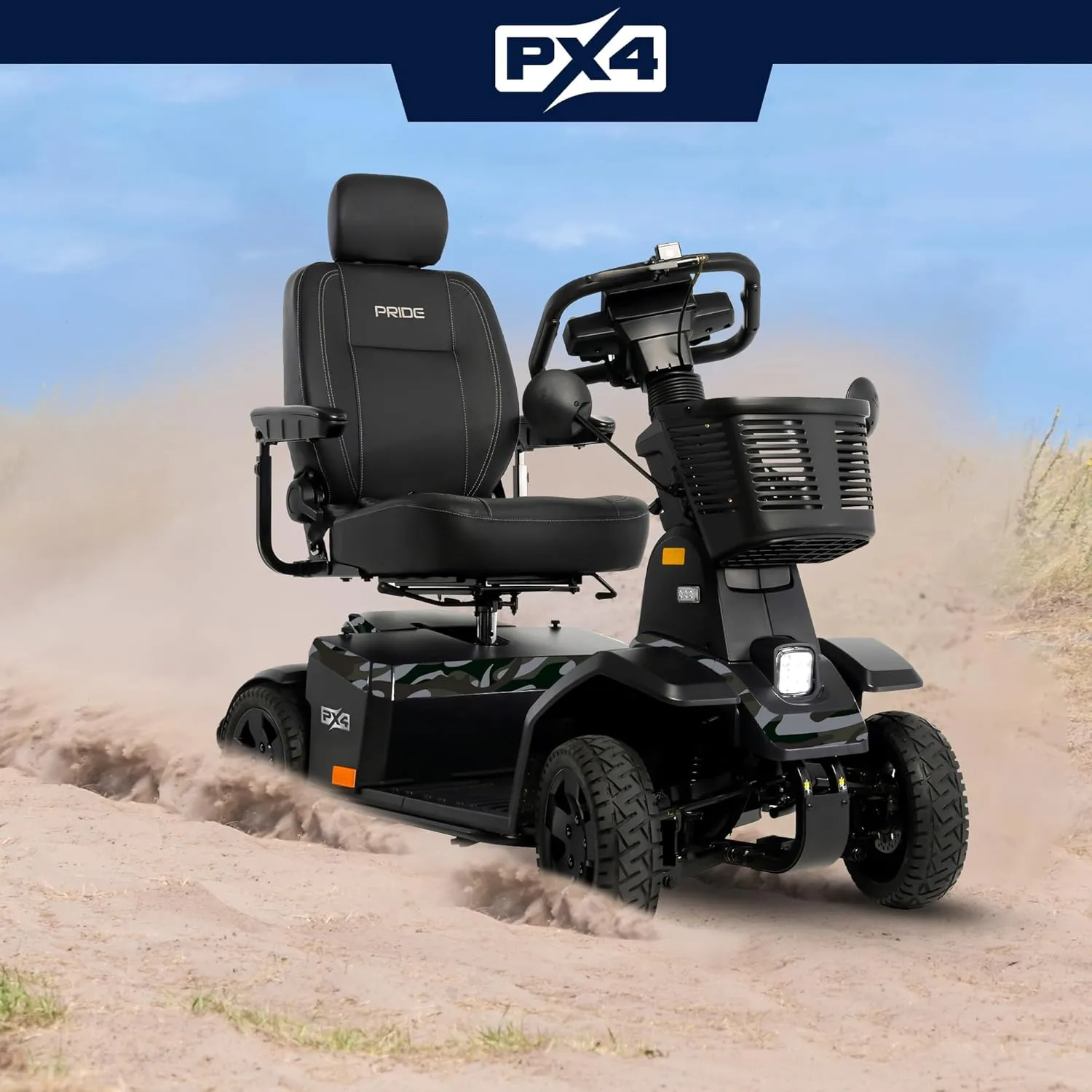 Pride Mobility PX4   Accessories, Heavy Duty Power Mobility Scooter for Adults and Seniors, 500 lb Weight Capacity, 23.4 Mile Range, NFC Ignition, Full Suspension, and LED Lighting (Jungle Camo)