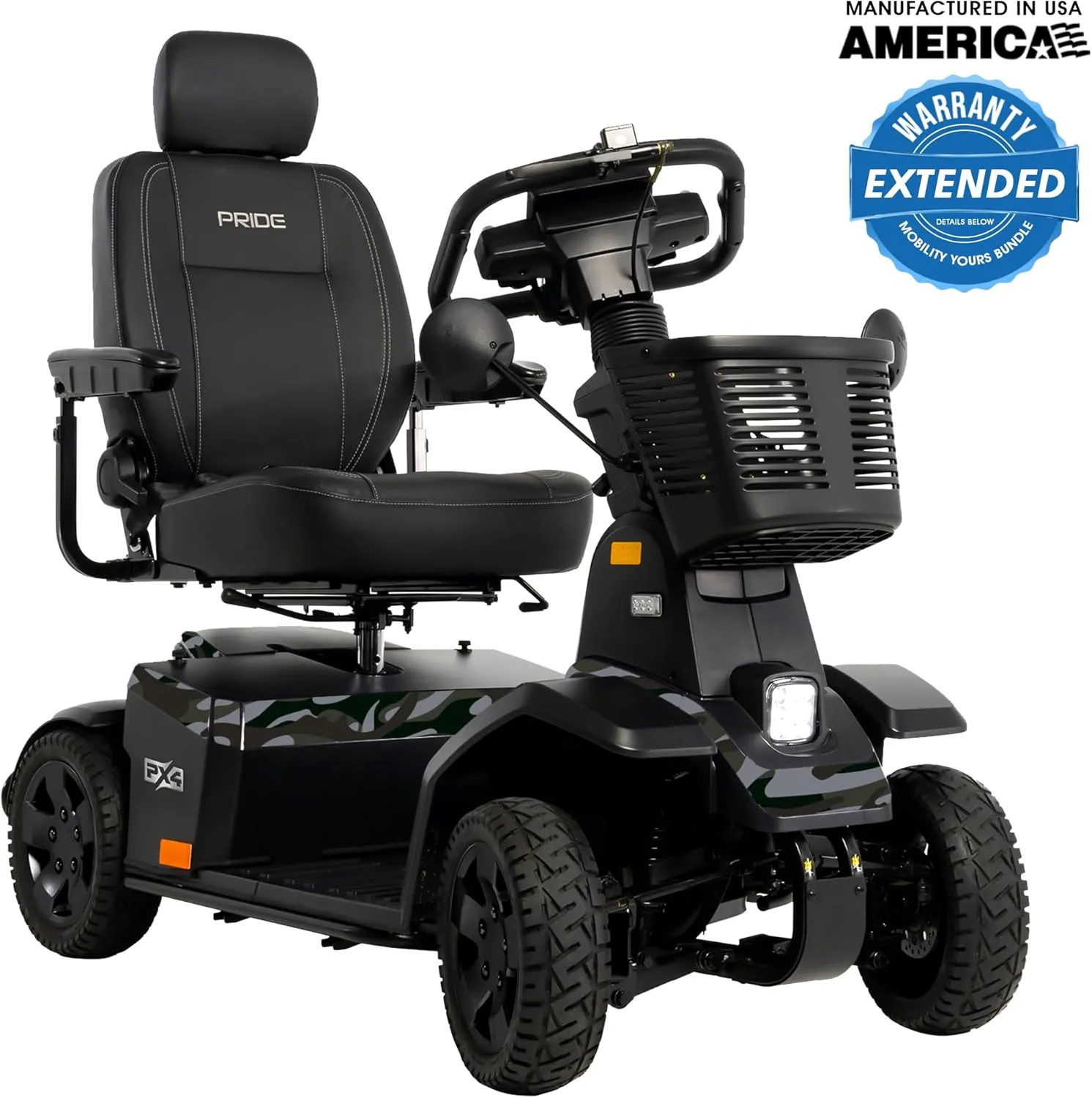 Pride Mobility PX4   Accessories, Heavy Duty Power Mobility Scooter for Adults and Seniors, 500 lb Weight Capacity, 23.4 Mile Range, NFC Ignition, Full Suspension, and LED Lighting (Jungle Camo)