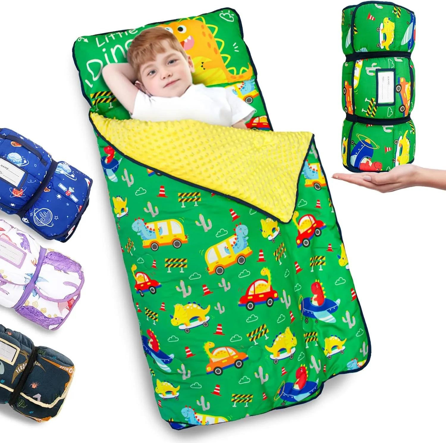 Primlect Toddler Nap Mat with Pillow and Blanket, Extra Large 55''x35'' Sleeping Bag, Washable, Light, Easy to Roll up, Perfect for Daycare, Preschool, Kindergarten, Travel, Boys and Girls (Dinosaur)