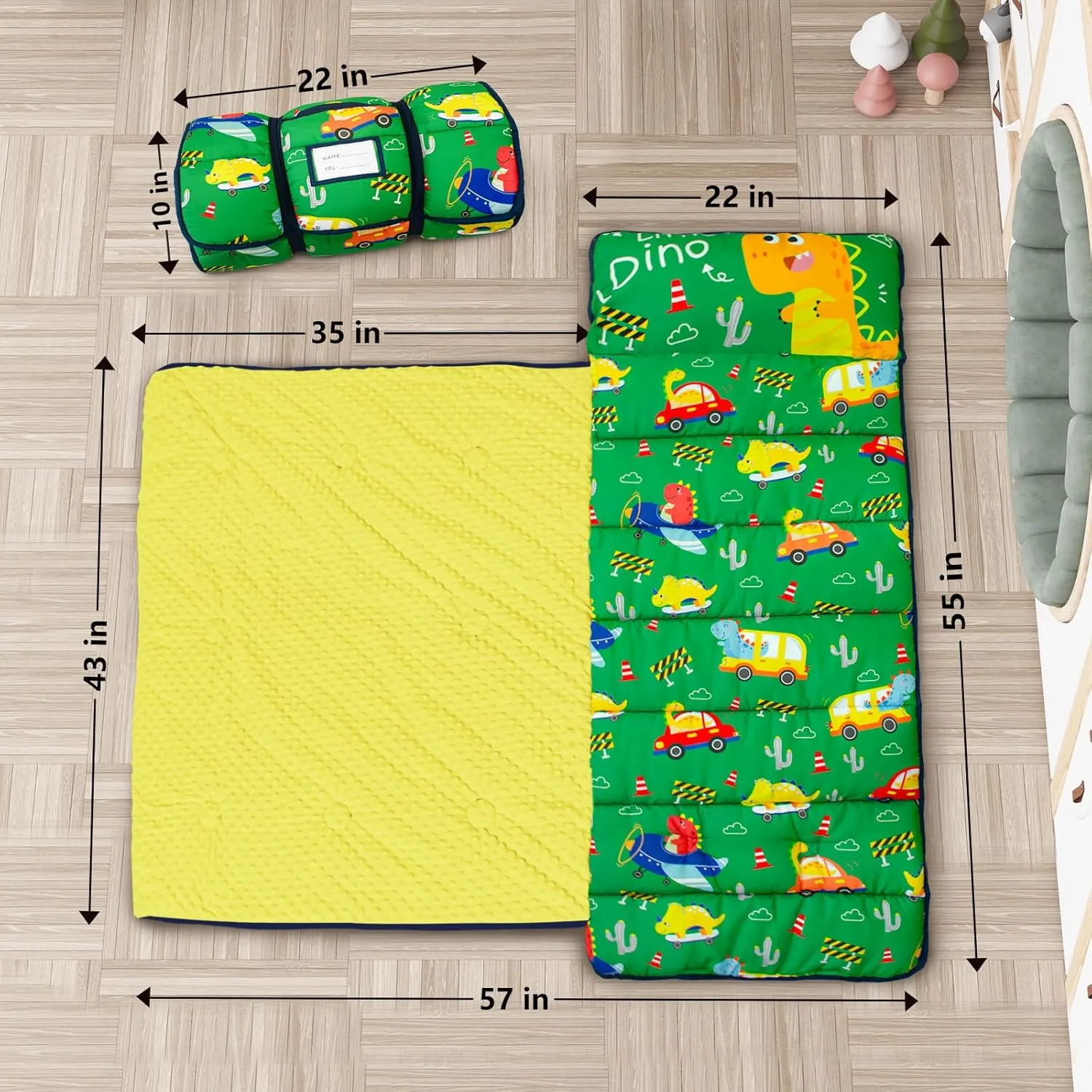 Primlect Toddler Nap Mat with Pillow and Blanket, Extra Large 55''x35'' Sleeping Bag, Washable, Light, Easy to Roll up, Perfect for Daycare, Preschool, Kindergarten, Travel, Boys and Girls (Dinosaur)