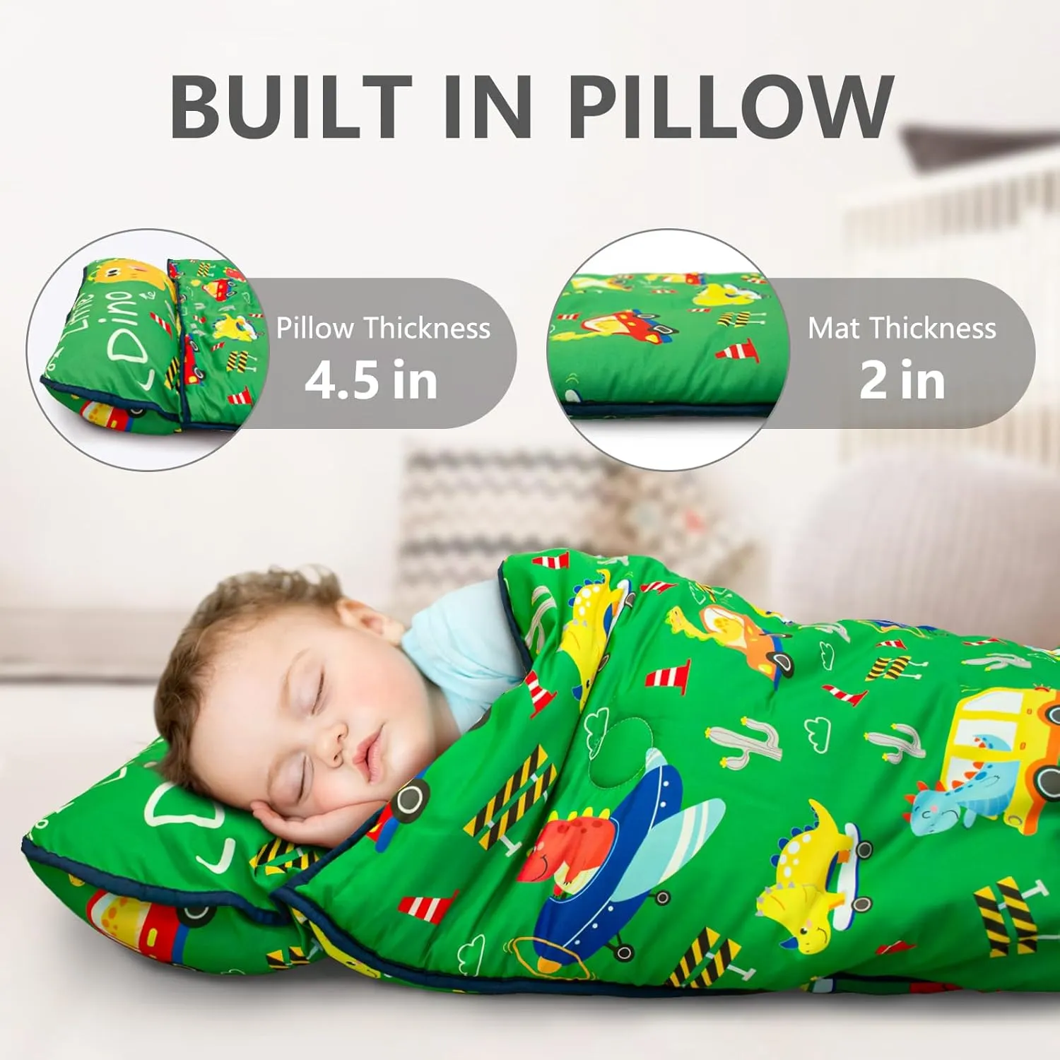 Primlect Toddler Nap Mat with Pillow and Blanket, Extra Large 55''x35'' Sleeping Bag, Washable, Light, Easy to Roll up, Perfect for Daycare, Preschool, Kindergarten, Travel, Boys and Girls (Dinosaur)