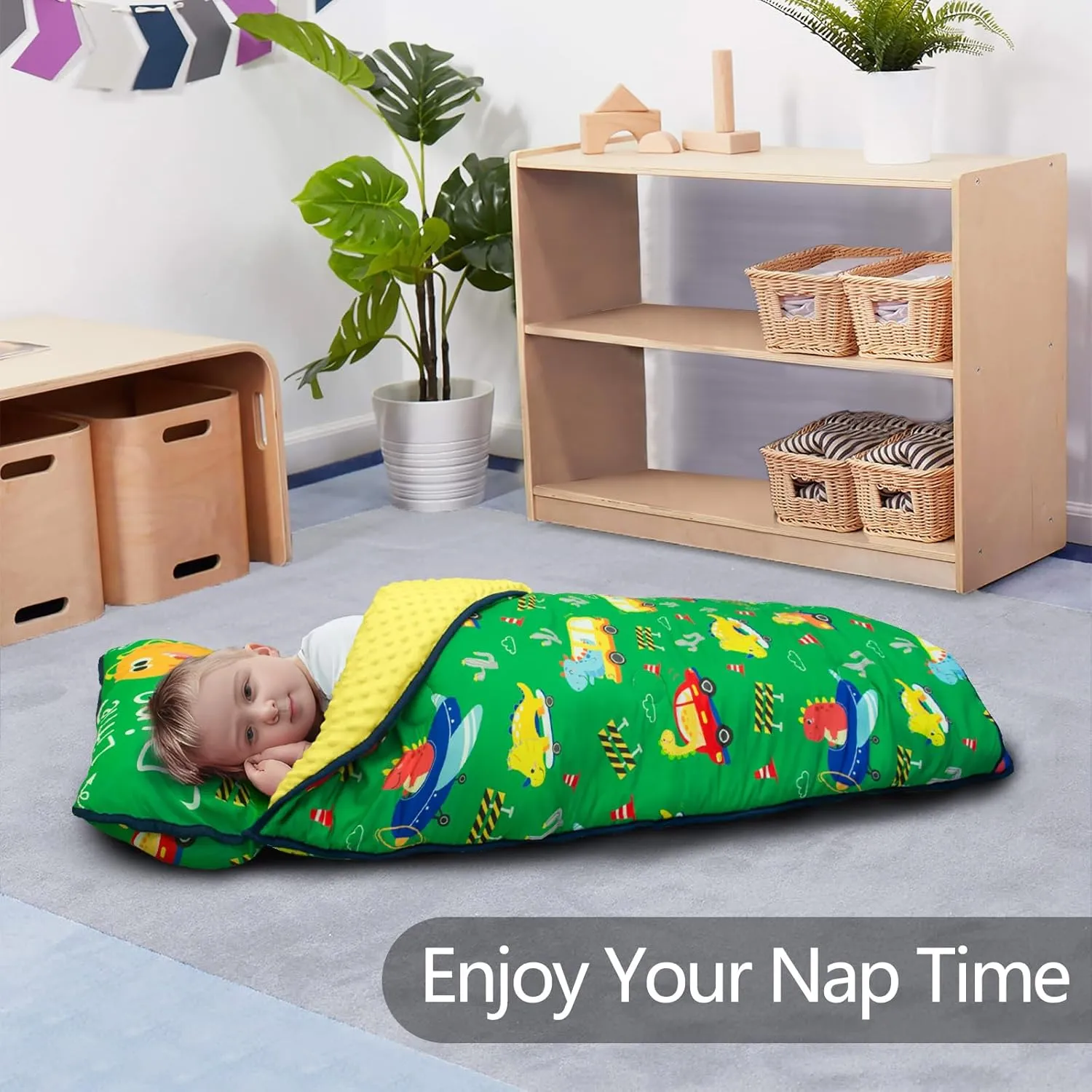 Primlect Toddler Nap Mat with Pillow and Blanket, Extra Large 55''x35'' Sleeping Bag, Washable, Light, Easy to Roll up, Perfect for Daycare, Preschool, Kindergarten, Travel, Boys and Girls (Dinosaur)