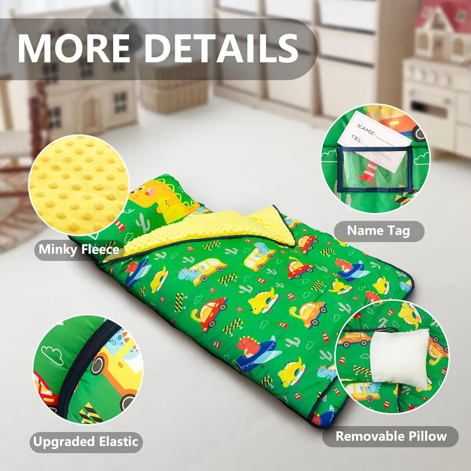Primlect Toddler Nap Mat with Pillow and Blanket, Extra Large 55''x35'' Sleeping Bag, Washable, Light, Easy to Roll up, Perfect for Daycare, Preschool, Kindergarten, Travel, Boys and Girls (Dinosaur)
