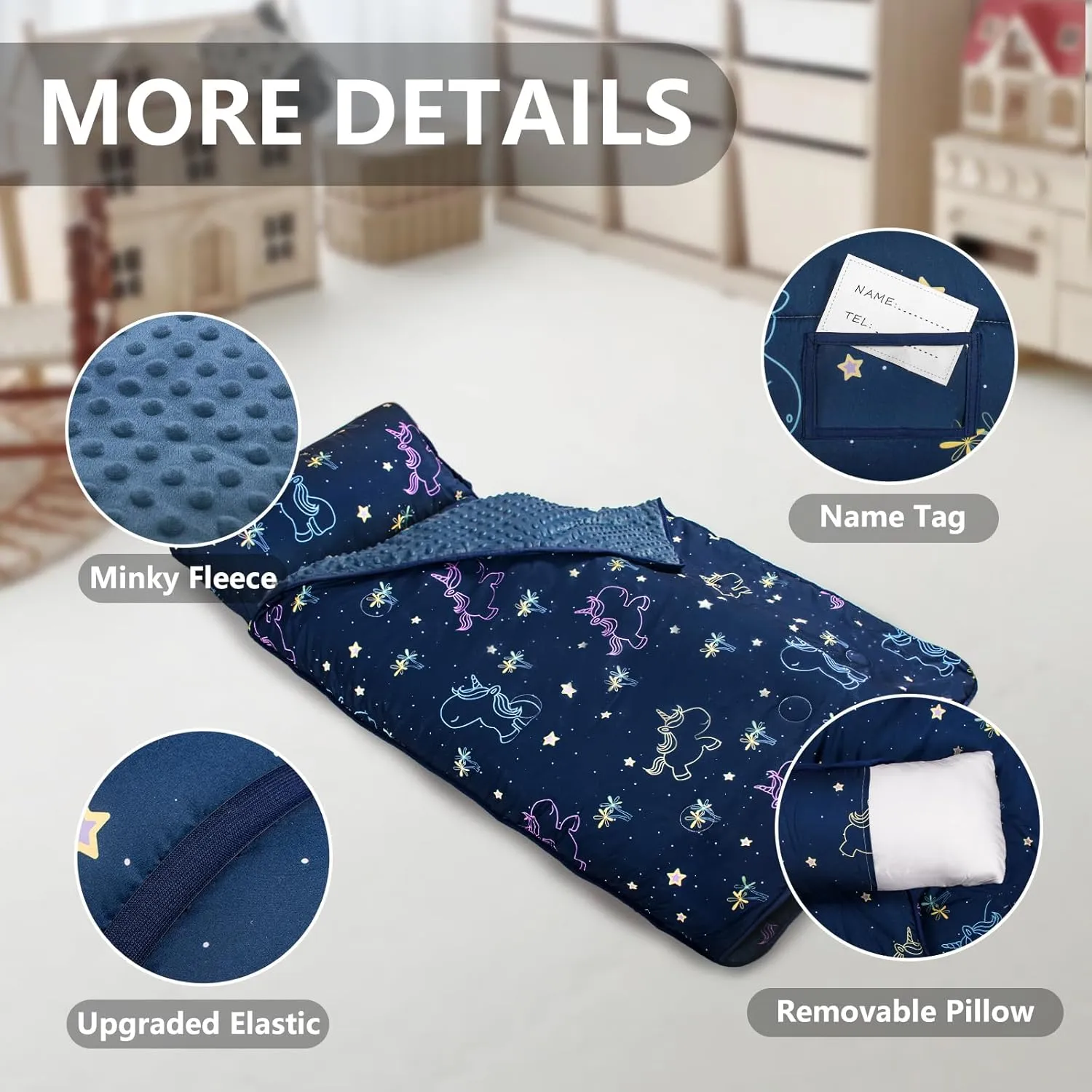 Primlect Toddler Nap Mat with Pillow and Blanket, Extra Large 55''x35'' Sleeping Bag, Washable, Light, Easy to Roll up, Perfect for Daycare, Preschool, Kindergarten, Travel, Boys and Girls (Unicorn