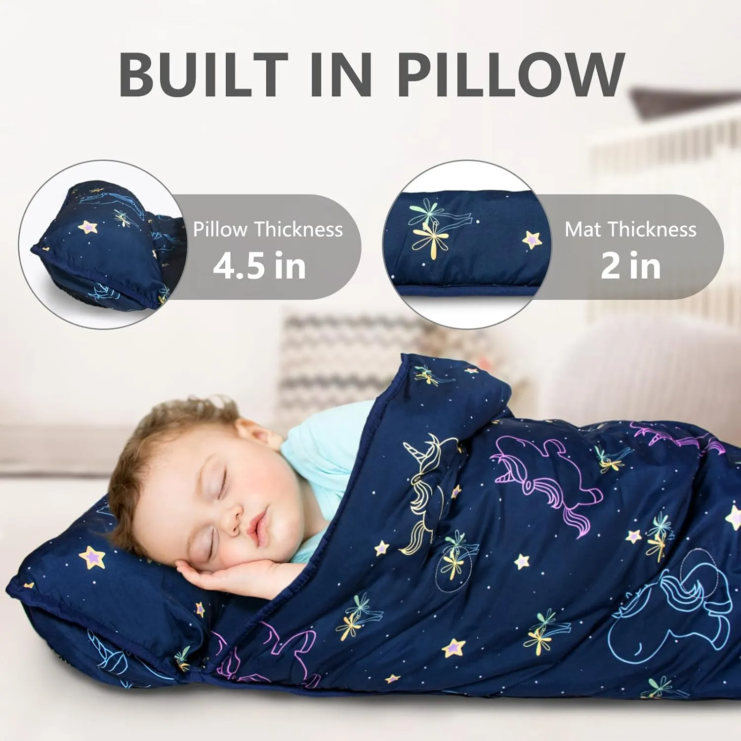 Primlect Toddler Nap Mat with Pillow and Blanket, Extra Large 55''x35'' Sleeping Bag, Washable, Light, Easy to Roll up, Perfect for Daycare, Preschool, Kindergarten, Travel, Boys and Girls (Unicorn