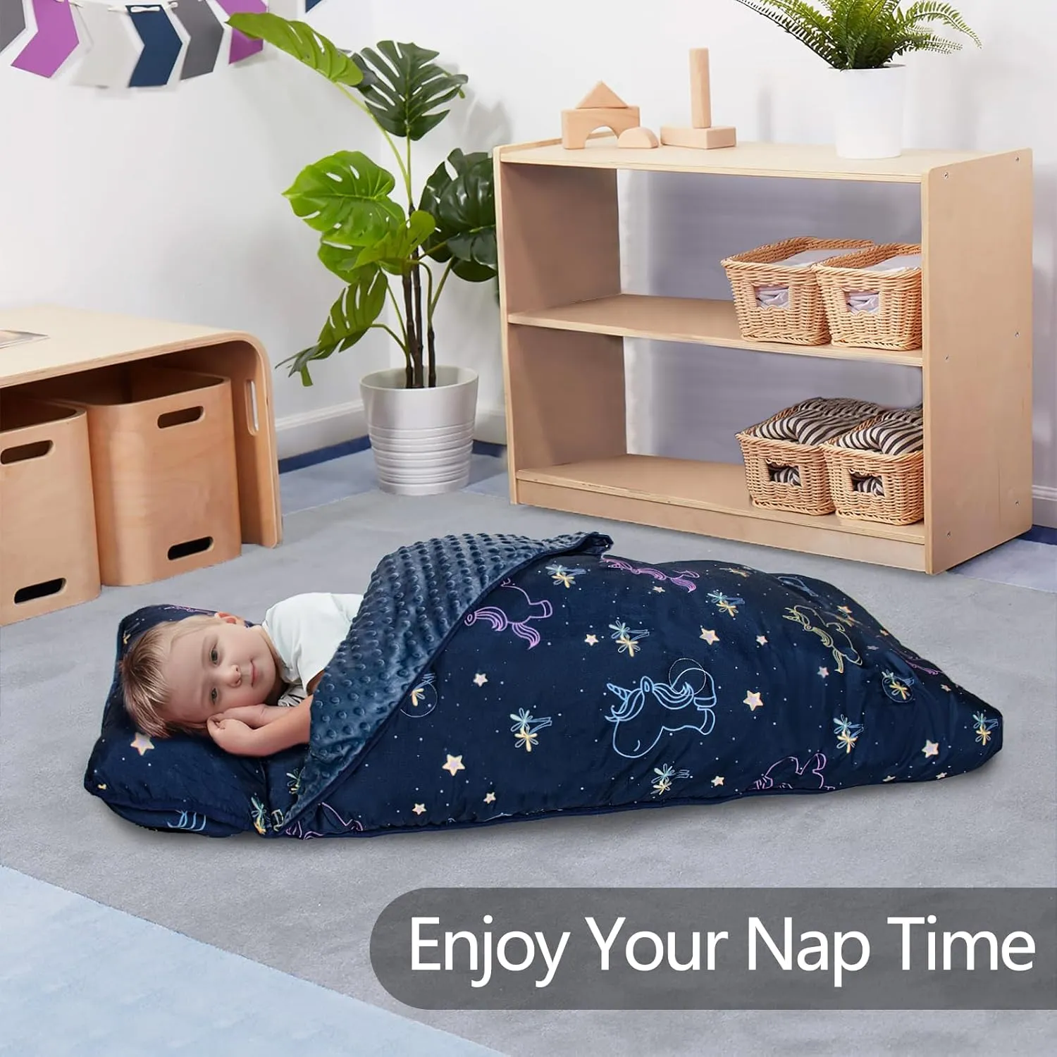 Primlect Toddler Nap Mat with Pillow and Blanket, Extra Large 55''x35'' Sleeping Bag, Washable, Light, Easy to Roll up, Perfect for Daycare, Preschool, Kindergarten, Travel, Boys and Girls (Unicorn