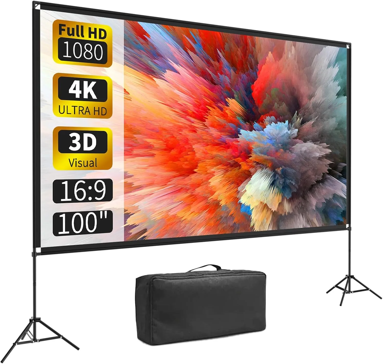 Projector Screen with Stand 100 Inch, 16:9 4K HD Portable Projector Screen Indoor Outdoor, Foldable Wrinkle-Free Movie Screen 160° Front Rear Projection Screen with Carry Bag for Home Movie