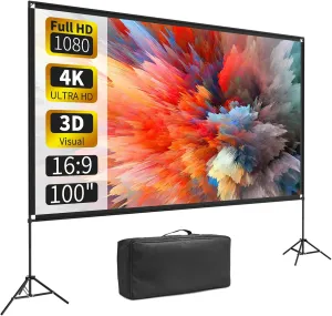 Projector Screen with Stand 100 Inch, 16:9 4K HD Portable Projector Screen Indoor Outdoor, Foldable Wrinkle-Free Movie Screen 160° Front Rear Projection Screen with Carry Bag for Home Movie