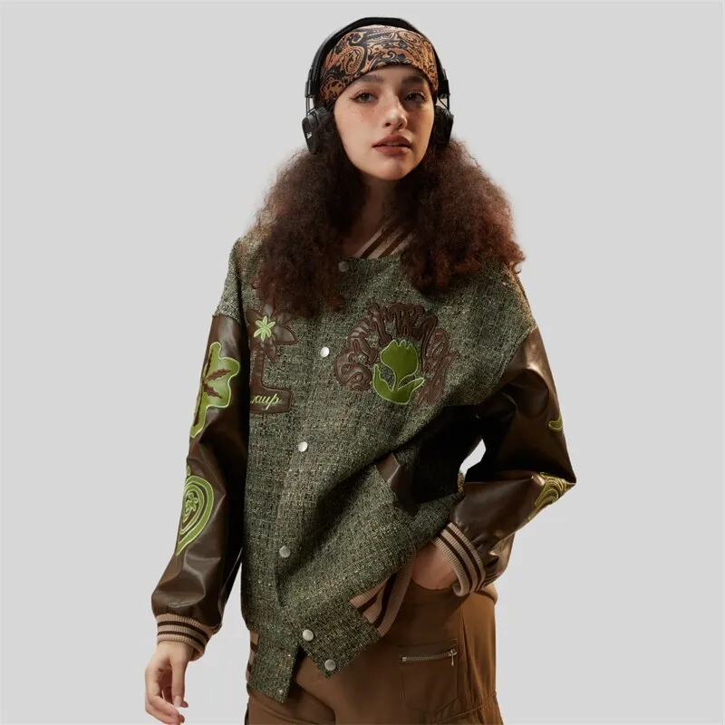 PU Patchwork Oversized Varsity Jacket