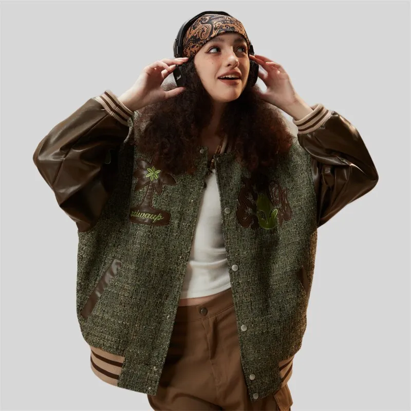 PU Patchwork Oversized Varsity Jacket