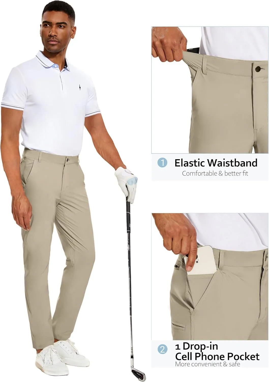 PULI Golf Pants Men Stretch Slim Fit Lightweight Waterproof Dress Casual Hiking Work Pants with Pockets