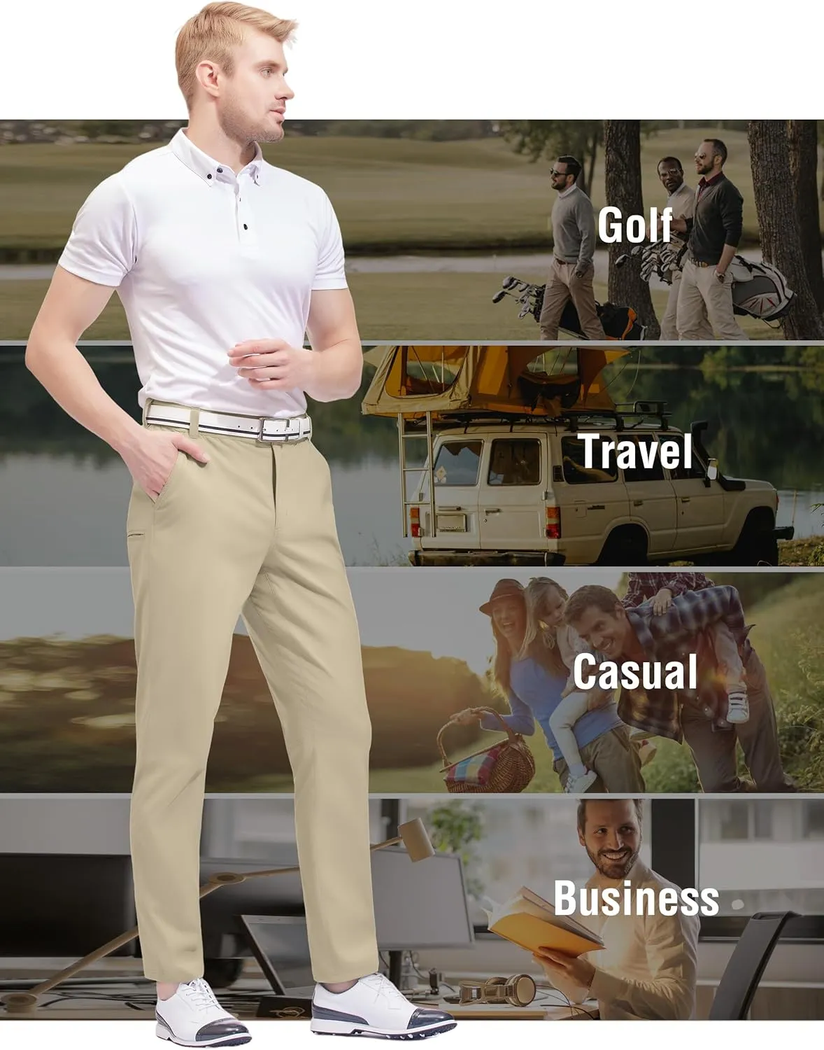 PULI Golf Pants Men Stretch Slim Fit Lightweight Waterproof Dress Casual Hiking Work Pants with Pockets
