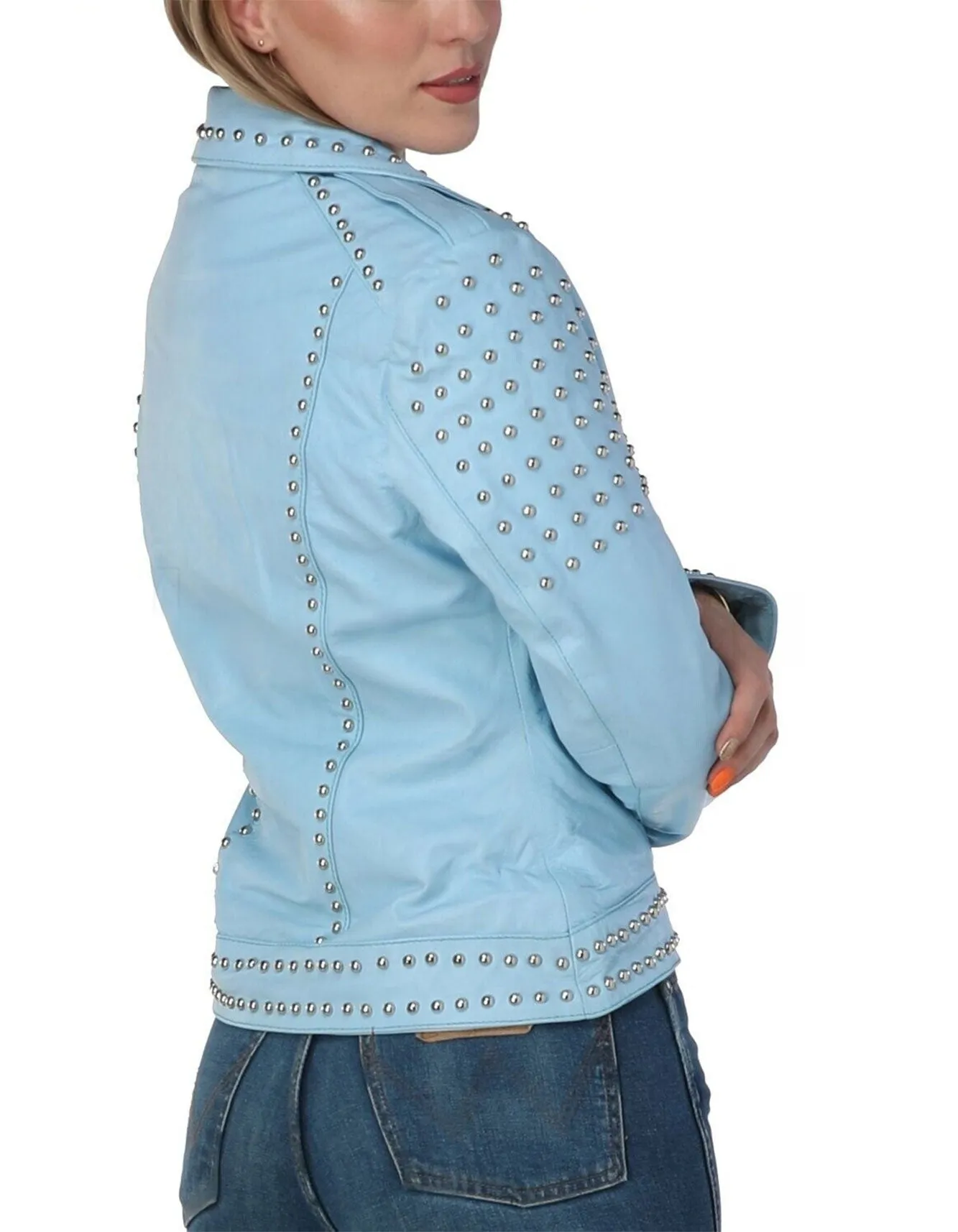 Punk Women's Studded Leather Jacket - Sky Blue
