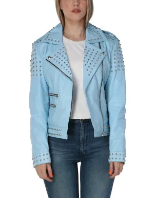 Punk Women's Studded Leather Jacket - Sky Blue