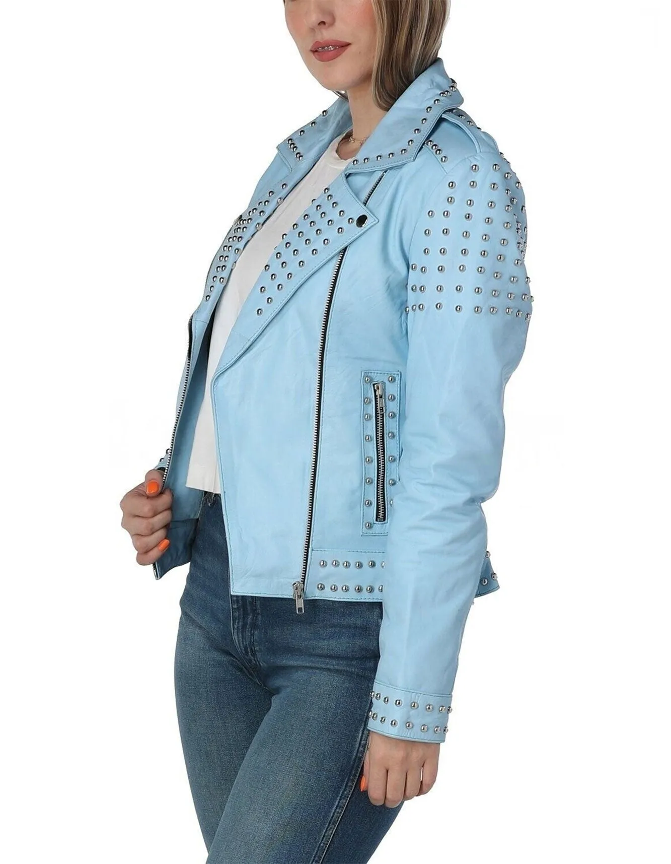 Punk Women's Studded Leather Jacket - Sky Blue