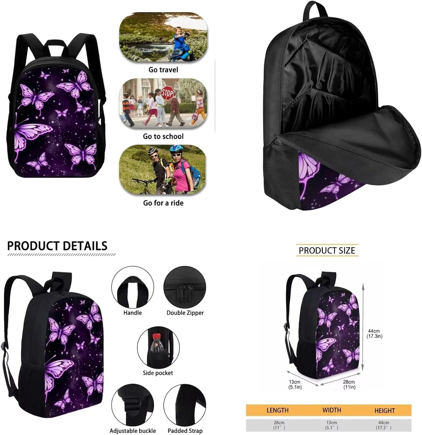 Purple Butterfly Girls Backpack and Lunch Box Set with Soft Pencil Case 4pcs 17in Cute Bookbag School Students Bookbags Back Pack Can Be Used in All Kinds of Occasion-Back To School