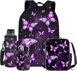 Purple Butterfly Girls Backpack and Lunch Box Set with Soft Pencil Case 4pcs 17in Cute Bookbag School Students Bookbags Back Pack Can Be Used in All Kinds of Occasion-Back To School