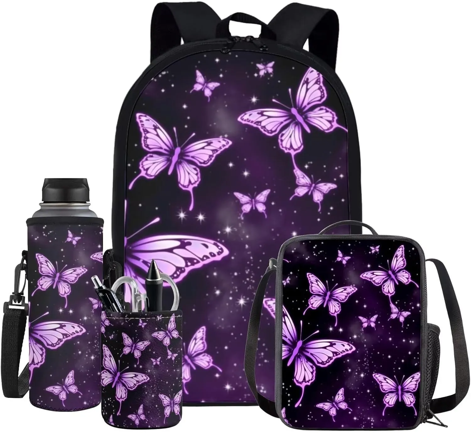 Purple Butterfly Girls Backpack and Lunch Box Set with Soft Pencil Case 4pcs 17in Cute Bookbag School Students Bookbags Back Pack Can Be Used in All Kinds of Occasion-Back To School